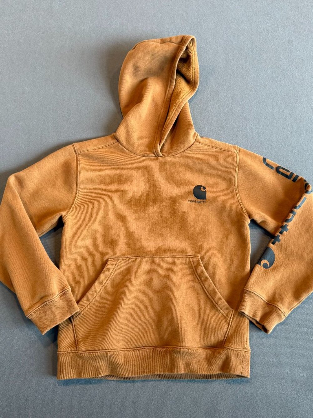 Carhartt Pullover Hoodie Sleeve Logo Workwear Brown Large 14-16